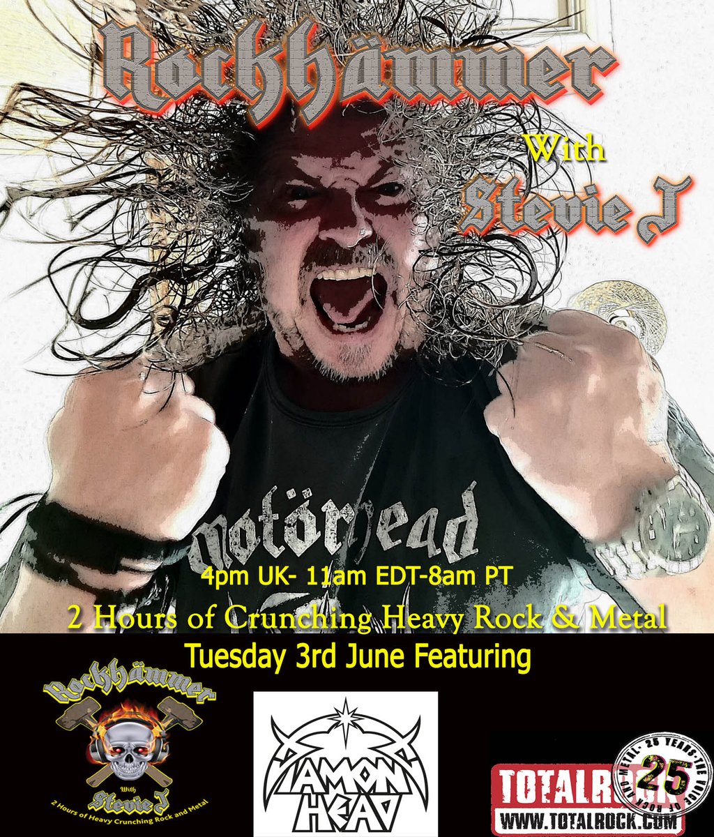 @rockhammershow (@rockhammershow) on Twitter photo Back with a bang this Tues on <a href="/TotalRockOnline/">TotalRock</a> & featuring the foundational <a href="/DH_Diamond_Head/">Diamond Head</a>
Many new tracks as usual including <a href="/Kal_El_Band/">Kal-El</a> <a href="/Helldozers/">The Helldozers</a> <a href="/HoneyBoneRush/">Honey Bone Rush</a> <a href="/EleventeenTX/">EleventeenTX</a> & classics from <a href="/GojiraMusic/">Gojira</a> <a href="/Slayer/">Slayer</a> <a href="/myMotorhead/">Official Motörhead</a> <a href="/judaspriest/">Judas Priest</a> <a href="/OrangeGoblin1/">Orange Goblin</a> & MUCH MORE! 😎 Back with a bang this Tues on <a href="/TotalRockOnline/">TotalRock</a> & featuring the foundational <a href="/DH_Diamond_Head/">Diamond Head</a>
Many new tracks as usual including <a href="/Kal_El_Band/">Kal-El</a> <a href="/Helldozers/">The Helldozers</a> <a href="/HoneyBoneRush/">Honey Bone Rush</a> <a href="/EleventeenTX/">EleventeenTX</a> & classics from <a href="/GojiraMusic/">Gojira</a> <a href="/Slayer/">Slayer</a> <a href="/myMotorhead/">Official Motörhead</a> <a href="/judaspriest/">Judas Priest</a> <a href="/OrangeGoblin1/">Orange Goblin</a> & MUCH MORE! 😎