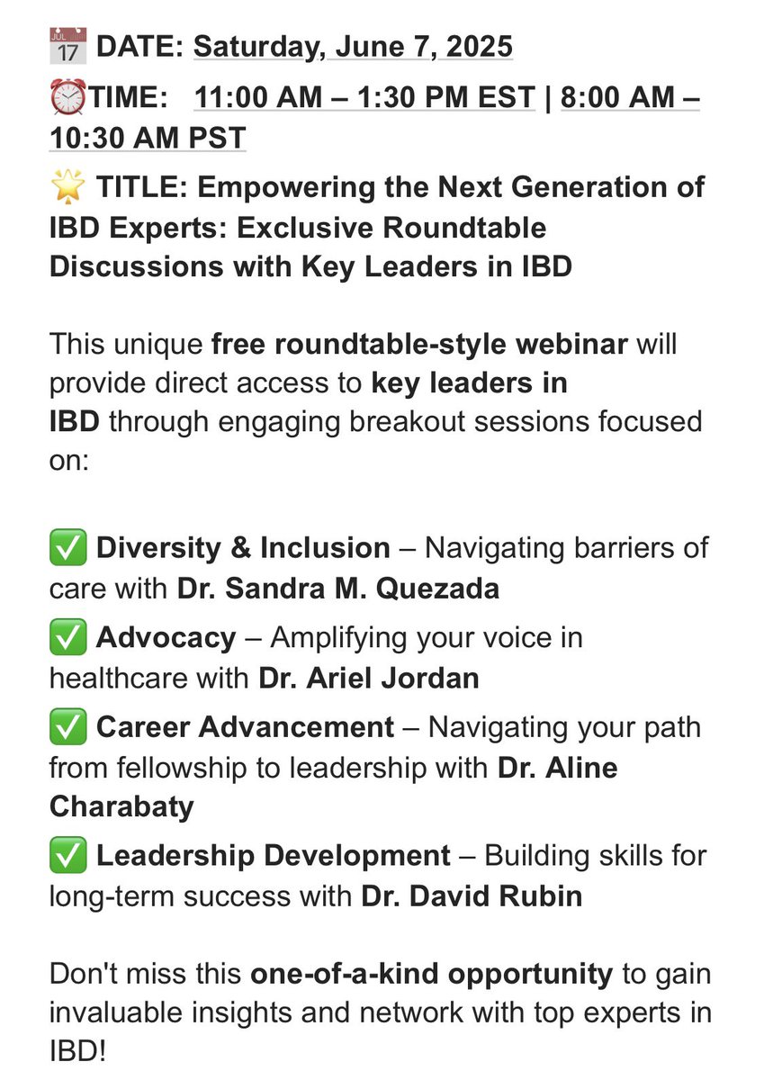 Aline Charabaty, MD, FACG, AGAF (@dcharabaty) on Twitter photo 🚨#GIFellow & early-career GI (ie all the 😎🩺)
Don’t miss this 🆓💎🌟🆓 #IBDReach edunetworking webinar: Empowering the next gen of #IBD leaders
🗓️June 7, 8am PT/11am ET
🌟Faculty for 👌🏽agenda👇🏽
💎Curated by <a href="/nloganmd/">Nisha Loganantharaj</a> & #MichelleRosario
🔗Register on-line.crohnscolitisfoundation.org/index.cfm?fuse… 🚨#GIFellow & early-career GI (ie all the 😎🩺)
Don’t miss this 🆓💎🌟🆓 #IBDReach edunetworking webinar: Empowering the next gen of #IBD leaders
🗓️June 7, 8am PT/11am ET
🌟Faculty for 👌🏽agenda👇🏽
💎Curated by <a href="/nloganmd/">Nisha Loganantharaj</a> & #MichelleRosario
🔗Register on-line.crohnscolitisfoundation.org/index.cfm?fuse…