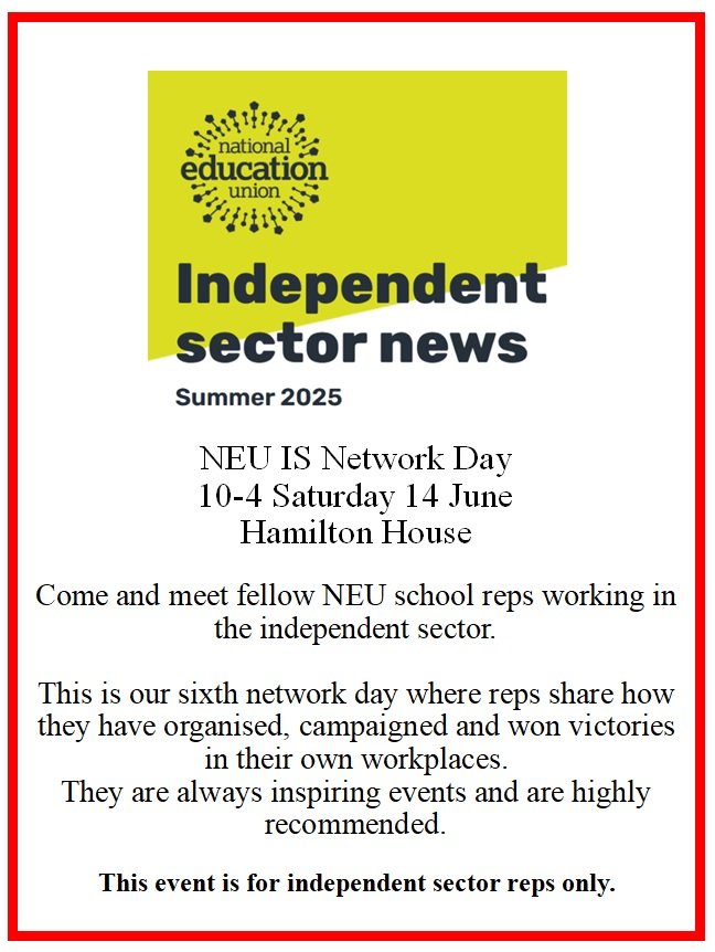 Brian Metcalf (@brian_metcalf66) on Twitter photo Not long left for <a href="/NEUindeSector/">NEU Independent Sector</a> reps to book a place at our summer Network Event in London.
Booking link is on the <a href="/NEUnion/">National Education Union</a> website and in the Summer Independent Sector newsletter.
These are always popular events so book your place asap. Not long left for <a href="/NEUindeSector/">NEU Independent Sector</a> reps to book a place at our summer Network Event in London.
Booking link is on the <a href="/NEUnion/">National Education Union</a> website and in the Summer Independent Sector newsletter.
These are always popular events so book your place asap.