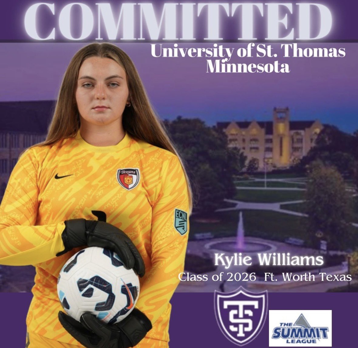 DallasTexans0708ECNLgirls (@texans0708ecnlg) on Twitter photo And next is <a href="/GK2026KWilliams/">Kylee Williams</a> who is committed to <a href="/TommieWSoccer/">St. Thomas Women's Soccer</a> <a href="/ECNLgirls/">ECNL Girls</a> <a href="/ImYouthSoccer/">ECNL/GA/Recruiting/College Soccer</a> <a href="/ImCollegeSoccer/">College Soccer Truth ™</a> And next is <a href="/GK2026KWilliams/">Kylee Williams</a> who is committed to <a href="/TommieWSoccer/">St. Thomas Women's Soccer</a> <a href="/ECNLgirls/">ECNL Girls</a> <a href="/ImYouthSoccer/">ECNL/GA/Recruiting/College Soccer</a> <a href="/ImCollegeSoccer/">College Soccer Truth ™</a>