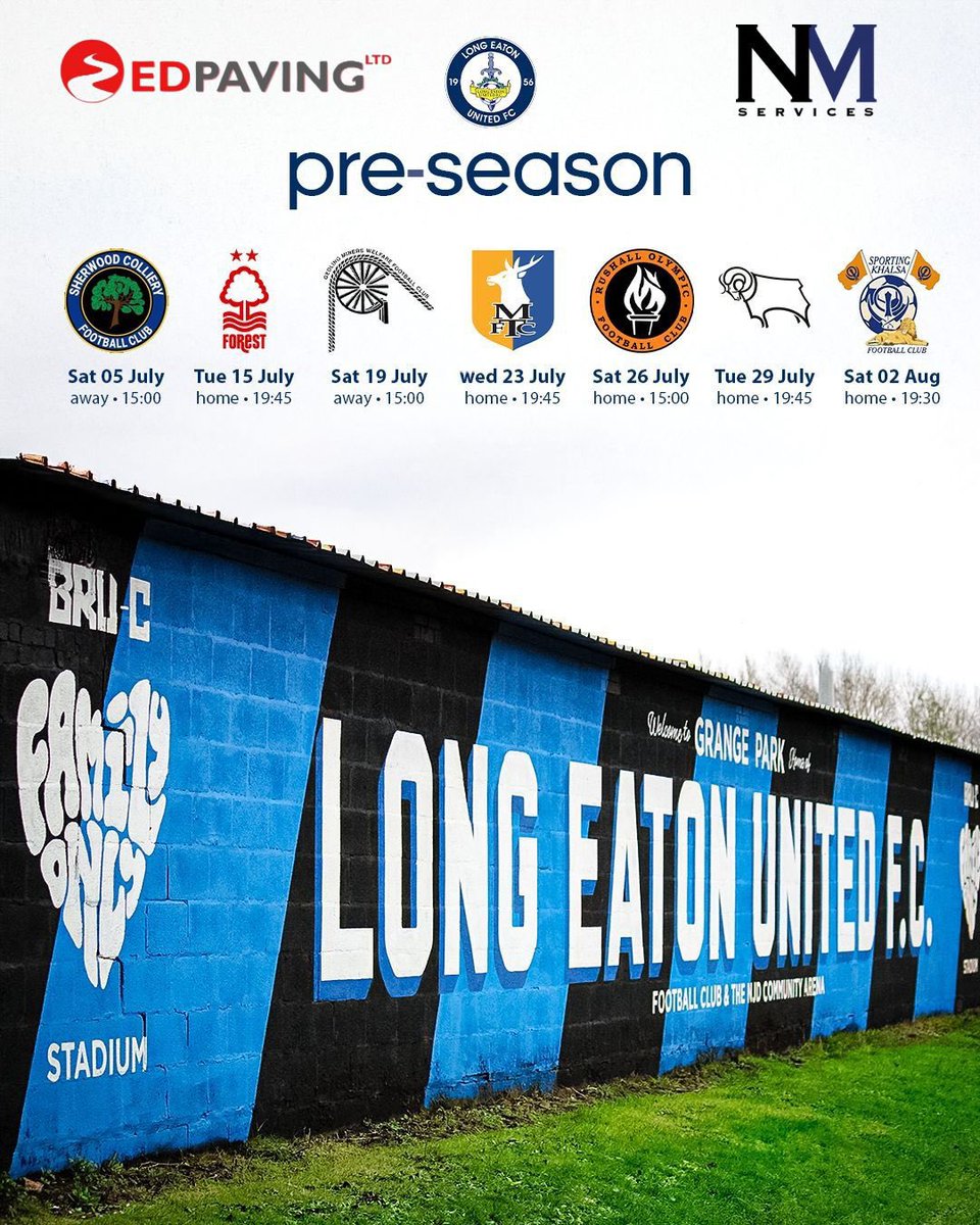 LongEatonUnited's tweet photo. 📆The Run in!

We kick things off on Sat 5th July travelling to Sherwood Colliery, before some big fixtures both home &amp; away in the run up to our new campaign. 

All fixtures are subject to change, keep up to date by following our social media channels. 

#YouBlues🔵⚫️ https://t.co/S94wuXyrGh