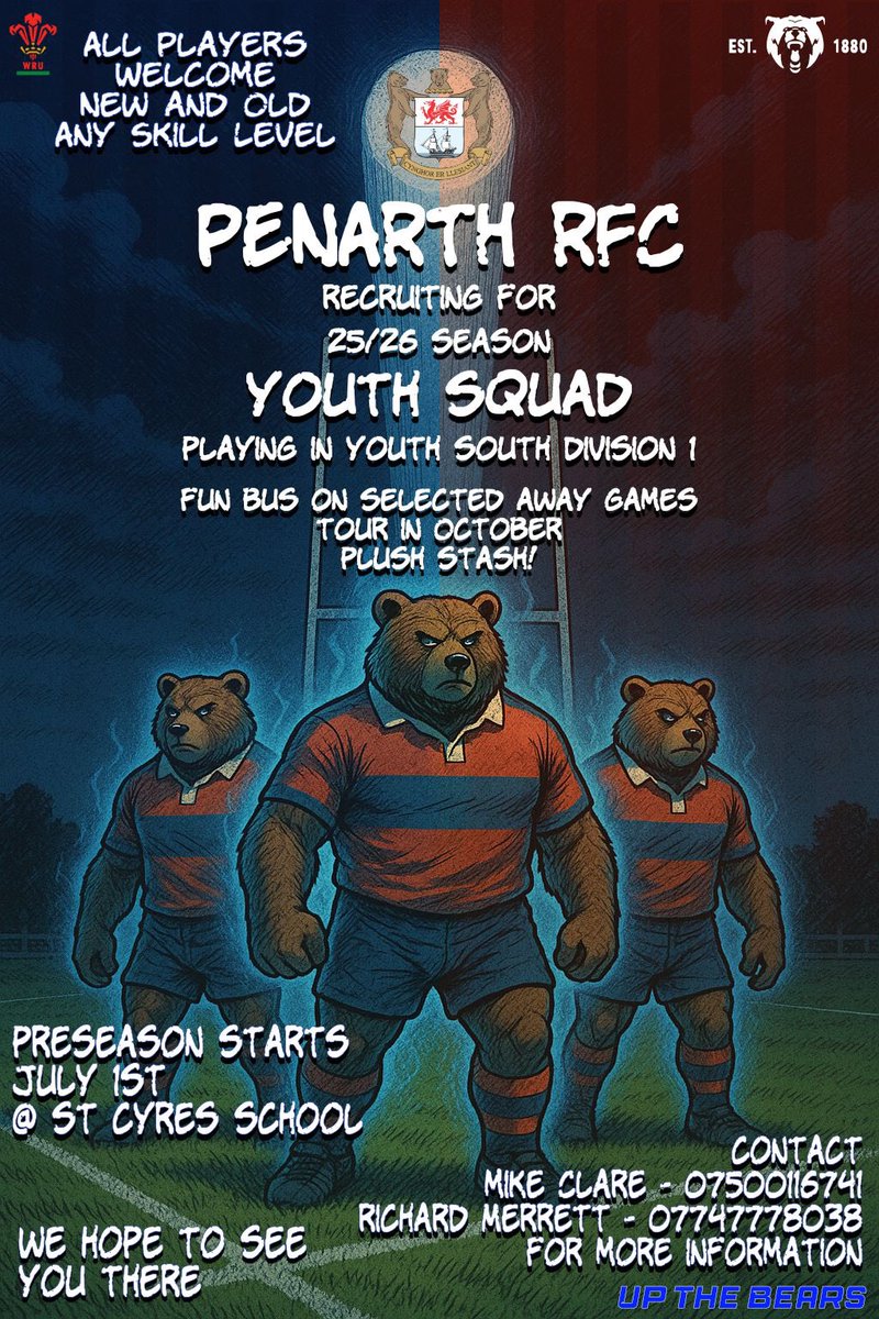 Pre season for Penarth Youth begins on Tuesday 1st July at St Cyres School.

Experienced Coaches ✅
Kit stash for every player ✅
Tour abroad in October ✅

Any player old or new and of any experience welcome to join just contact Mike or Mez on numbers below ⬇️ 

 #upthebears 🐻