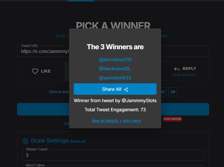 <a href="/JammmyRewards/">JammmyRewards</a> congrats to winners 

<a href="/kornelius210/">kornelius2</a> xpickr.com/draw/174879565… #xpickr