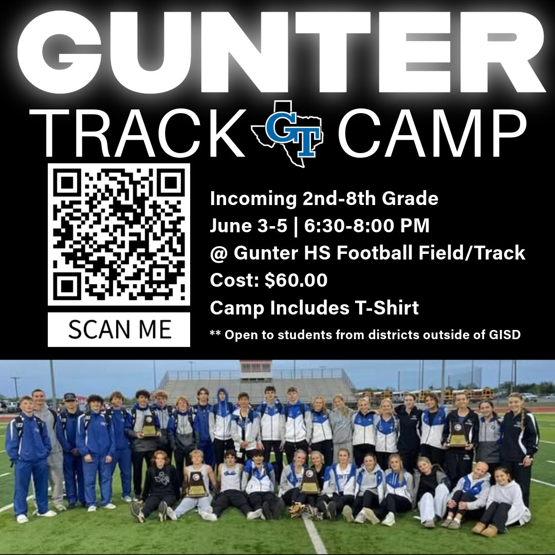 GunterTrack's tweet image. Gunter Youth Track Camp is this week! Scan the QR code or click the link below to sign up! 

Check out the short video from last year. Looking forward to a great time - see y’all on Tuesday! 

docs.google.com/forms/d/1LevbI…