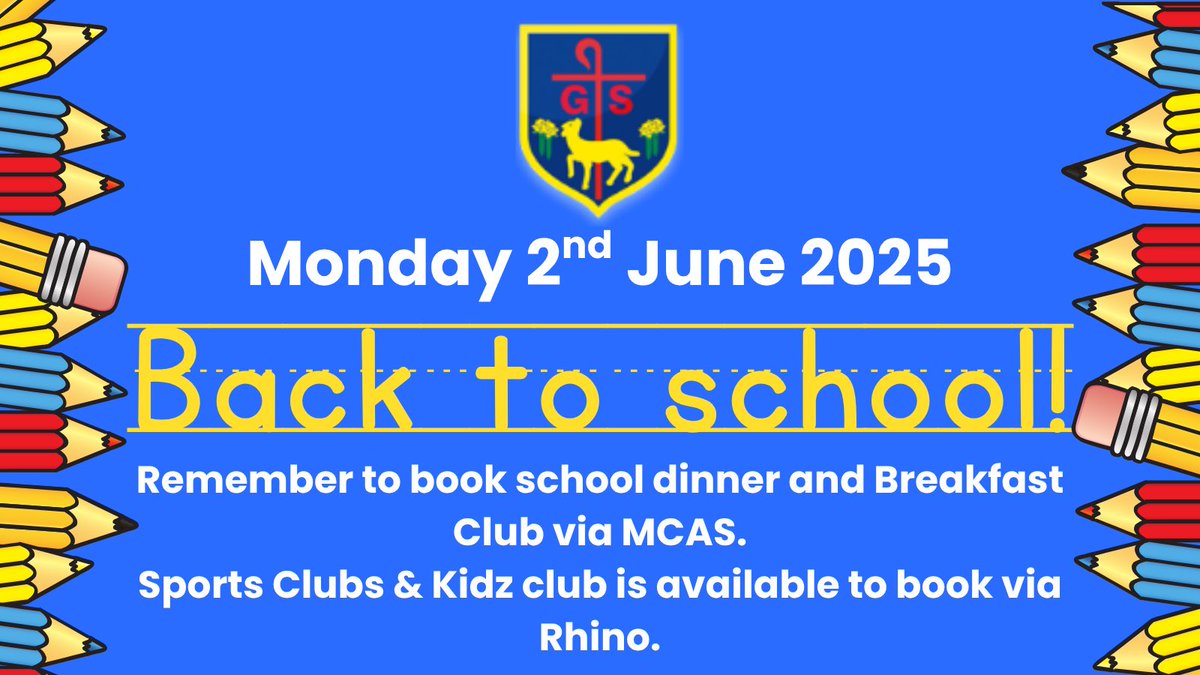 📣 We’re back to school tomorrow at The Good Shepherd!🎒
✅ Don’t forget to book school lunches via MCAS
✅ Sign up for clubs with Rhino
🌟 Good luck to our Year 6s heading off on their residential – we’re so excited for you!
#BackToSchool #Year6Residential #NewTerm