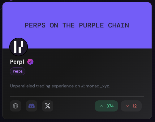 Perpl (<a href="/perpltrade/">Perpl (mainnet arc)</a>) is now nads verified.  

A fully on-chain perpetual futures exchange built natively on Monad. 

Their vision is to eliminate the inefficiency of opaque centralized financial systems by building a best-in-class pricing engine on the most performant infra.