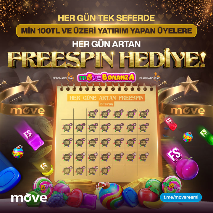 BETSMOVE Her Gün Artan Spinler Seni Bekliyor!

🗓Haftanın Her Günü Minimum 100₺ ve Üzeri Yatırım Yap, Her Gün Artan Freespin Hediyelerini Kazan!

Freespinler MOVE Bonanza Oyununda Geçerlidir.

Detaylar İçin Promosyonlar (dub.is/promobetsmove) Sayfasını İncelemeyi Unutmayın 🎁