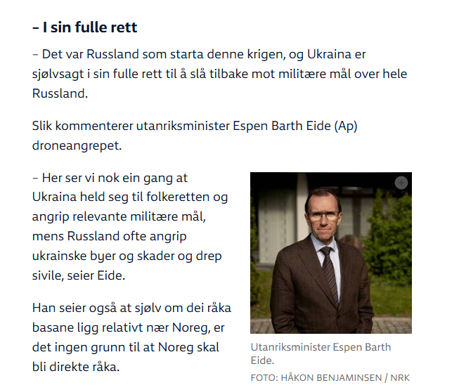 🇳🇴 FM Espen Barth Eide on Ukraine’s drone strikes:

“Ukraine is fully within its right to strike military targets across Russia. Unlike Russia, which bombs cities and civilians, Ukraine follows international law.”