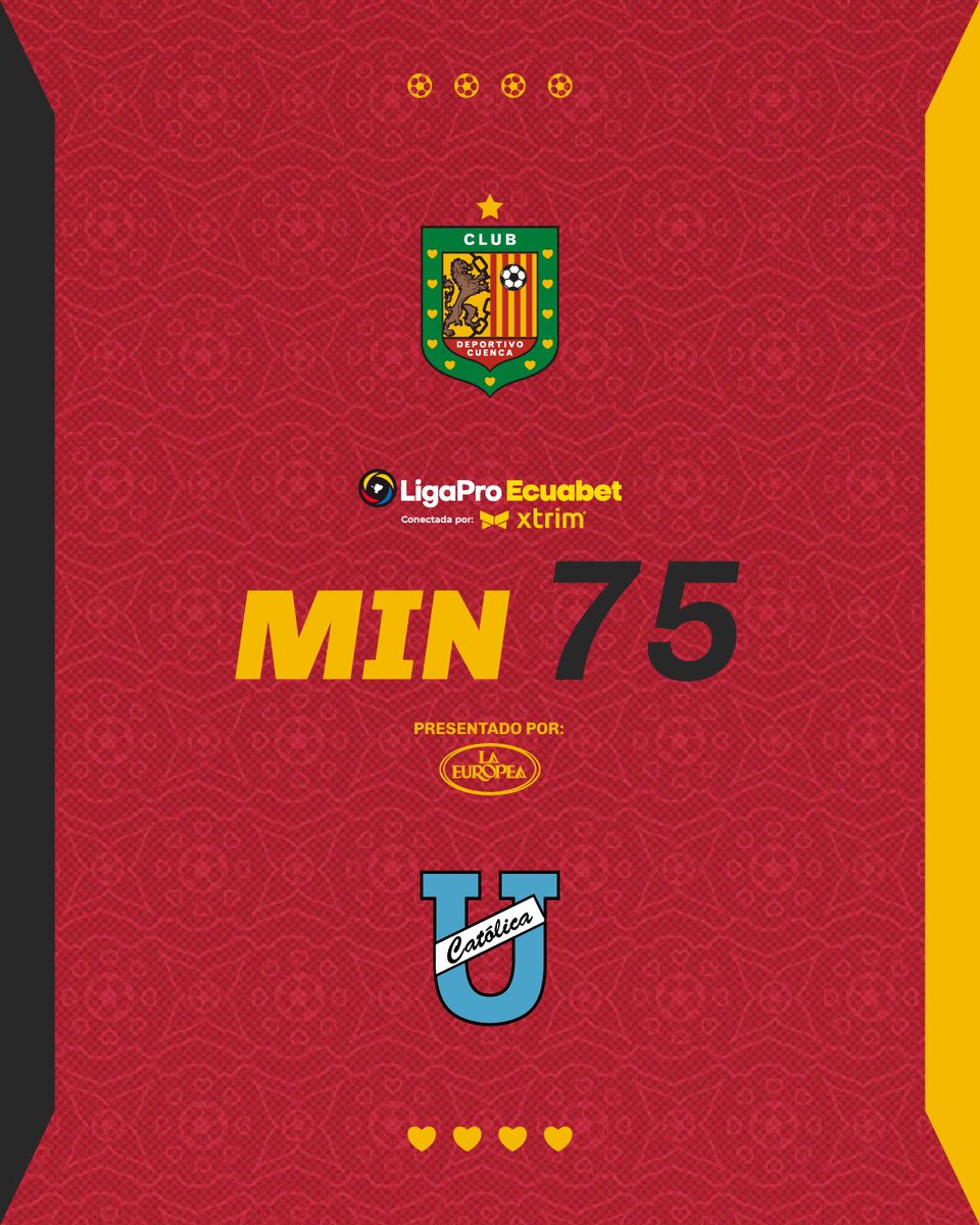 Cumplidos 75 minutos ✅ 

#DCuenca 3 🆚 1 #UCatolica 
📅 Fecha 15 - Fase 1
🏆 #LigaProEcuabetconectadaporXtrim
🏟️ ASA Banco del Austro 

Presentado por 🌭 La Europea 🌭 

#VamosCUENCA 🔴⚫️