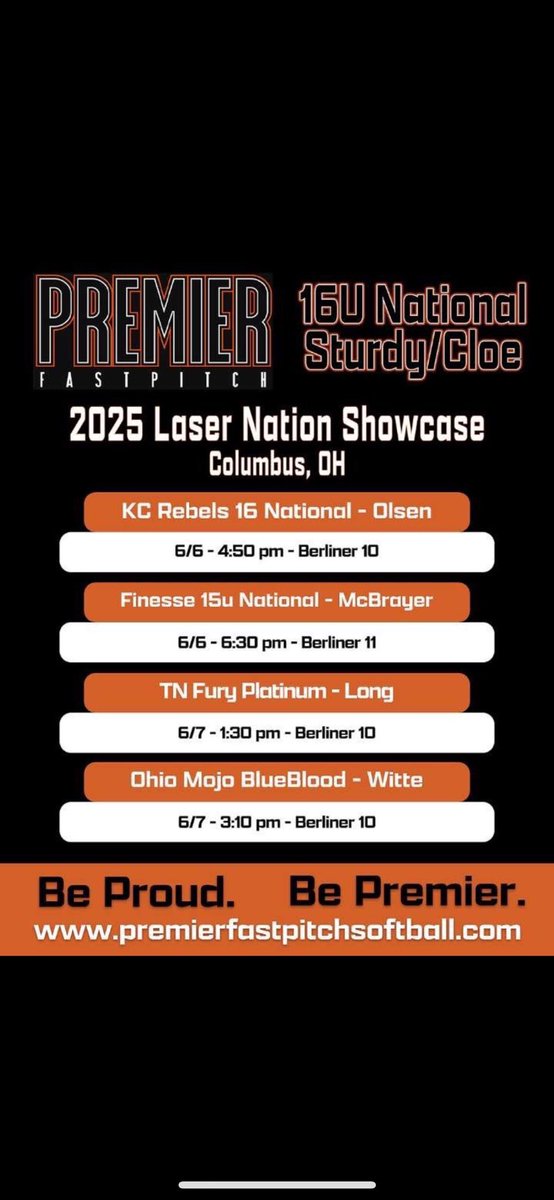 SadieGWalsh's tweet image. Super excited for summer ball to start! Here’s our schedule, we start this weekend in Columbus, Ohio. Come check us out!!
@Sturdy32 @mrcloe04