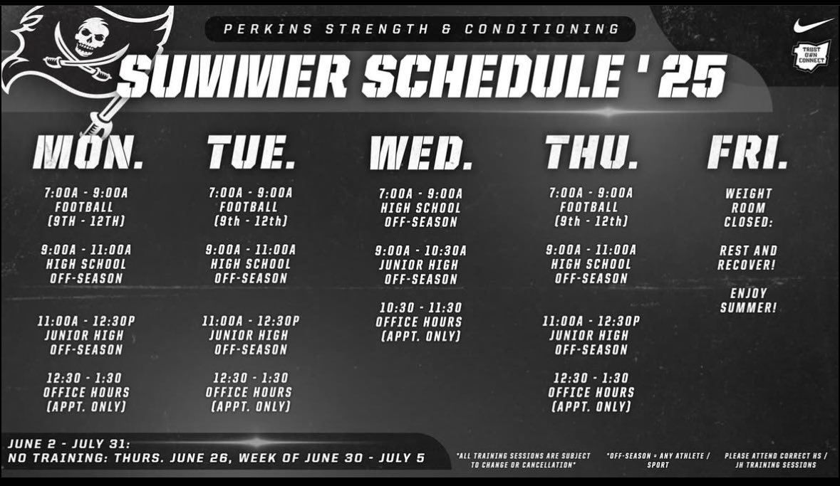 perkinsstrength's tweet image. Summer training begins tomorrow!
Students should attend the appropriate HS/JH training session, have proper training attire (Perkins Black T-shirt, shorts, shoes, cleats (optional) for field training) and water!
Let’s start the 25-26 school year off right!!
@PerkinsATH