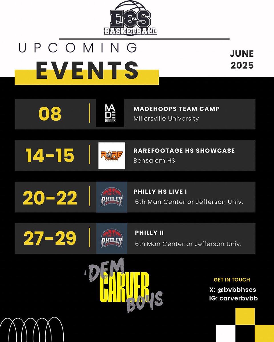 June 2025 Schedule for our Carver Boys. 

College coaches, come check out our plethora of 2026 Guards:

5’9 Fareed Brown
6’0 Matt McField
6’3 Sahin Rodriguez
5’9 Samir Roberts-Mouzon
6’2 Tadon Lewis