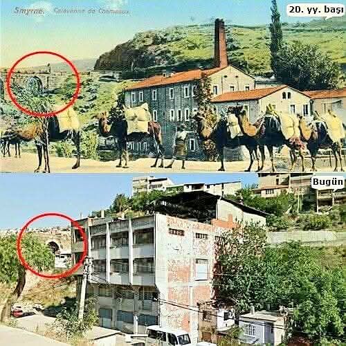 Postcard with Vezir Ağa Aqueduct (circled), flour factory (building with chimney) and camel train
İzmir (Konak), c 1910
compared with photo of same site today

Photo from Aydemir Kaplan