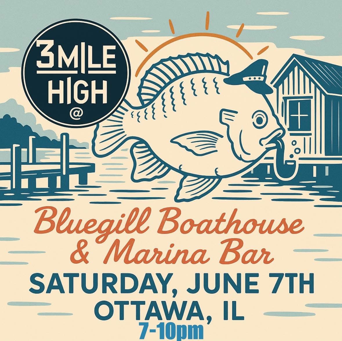 3MileHigh3MH's tweet photo. Come catch 🎣 us live at Bluegill Boathouse &amp; Marina Bar in Ottawa, IL this Saturday, June 7th from 7–10 PM! 🐠Come kick back by the water, put your feet in the sand, grab a drink, and rock with us at one of the coolest spots in town. Let’s make some noise by the dock! C U there! https://t.co/IvnNuTkcRN