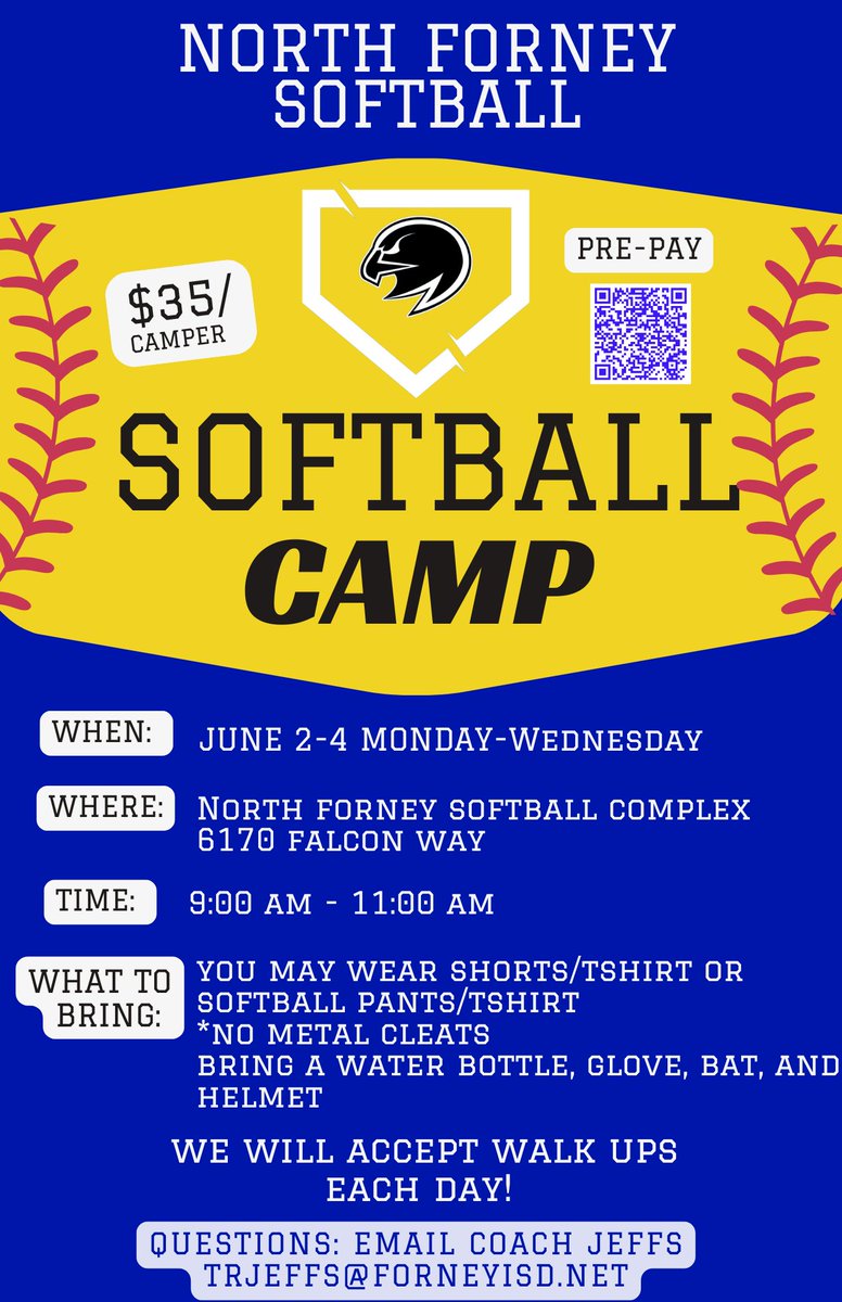 North Forney Lady Falcons Softball (@nfsoftball2) on Twitter photo North Forney Softball Camp
STARTS TOMORROW!!
We will accept sign ups tomorrow morning! Please reach out to Coach Jeffs (trjeffs@forneyisd.net) with any questions!
We look forward to seeing everyone at 9:00am!
<a href="/NFHS_TrueNorth/">North Forney HS</a> <a href="/ForneyAthletics/">ForneyISDAthletics</a> <a href="/taylor_jeffs/">Taylor Jeffs</a> North Forney Softball Camp
STARTS TOMORROW!!
We will accept sign ups tomorrow morning! Please reach out to Coach Jeffs (trjeffs@forneyisd.net) with any questions!
We look forward to seeing everyone at 9:00am!
<a href="/NFHS_TrueNorth/">North Forney HS</a> <a href="/ForneyAthletics/">ForneyISDAthletics</a> <a href="/taylor_jeffs/">Taylor Jeffs</a>
