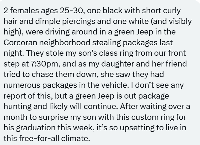 Submitted from south Minneapolis on Saturday regarding package theft suspects.