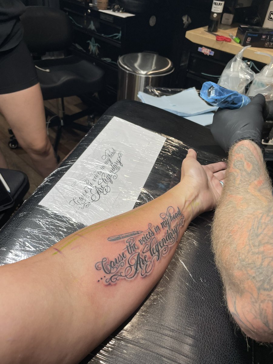 1st post-Navy tattoo and it’s one that has a lot of meaning for me. 
It’s a song lyric from my favorite band - <a href="/Shinedown/">SHINEDOWN</a> - about mental health - and it resonates even more for me as a writer who routinely has character voices in their head. 😎🎶🤘
#DarkRaineTattoo