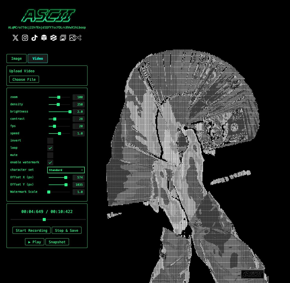 AsciiSol_'s tweet image. Video Feature is LIVE on the website. 

Theres still a couple things we&apos;re working out:
-Framerate glitch on the recording
-Time slider response on recording
-Black bar on right on recording

VERY CLOSE

Theres no ASCII video creator tool like this online. 
Ours is the first, and…