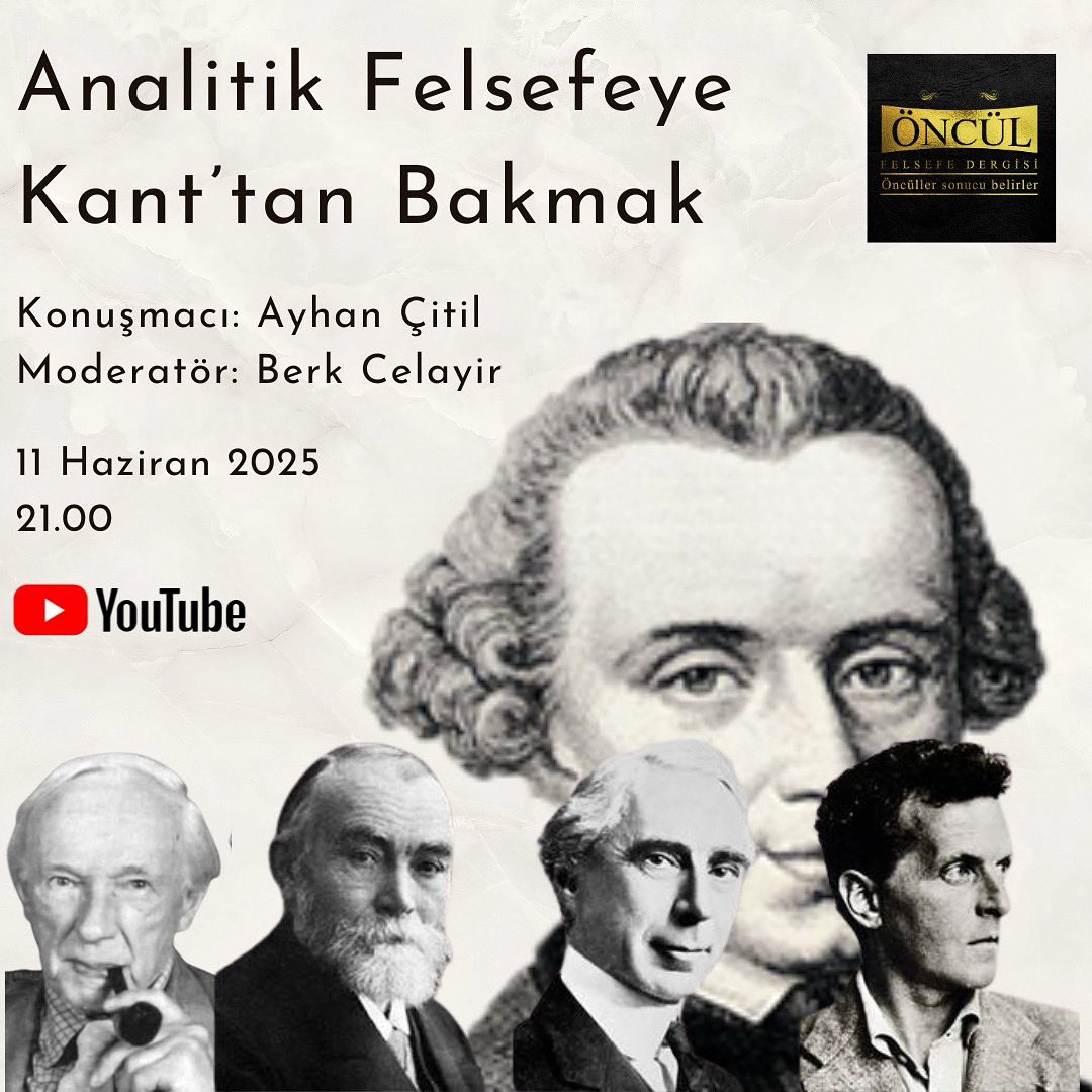 📌 Çalışmalarına İstanbul 29 Mayıs Üniversitesi’nde devam eden Ayhan Çitil, 11 Haziran Çarşamba günü “Analitik Felsefeye Kant’tan Bakmak” adlı konuşması ile canlı yayın konuğumuz olacaktır. 

İlgili herkesi bekleriz! 

Hatırlatıcı: youtube.com/live/9FbY3Zyg2…