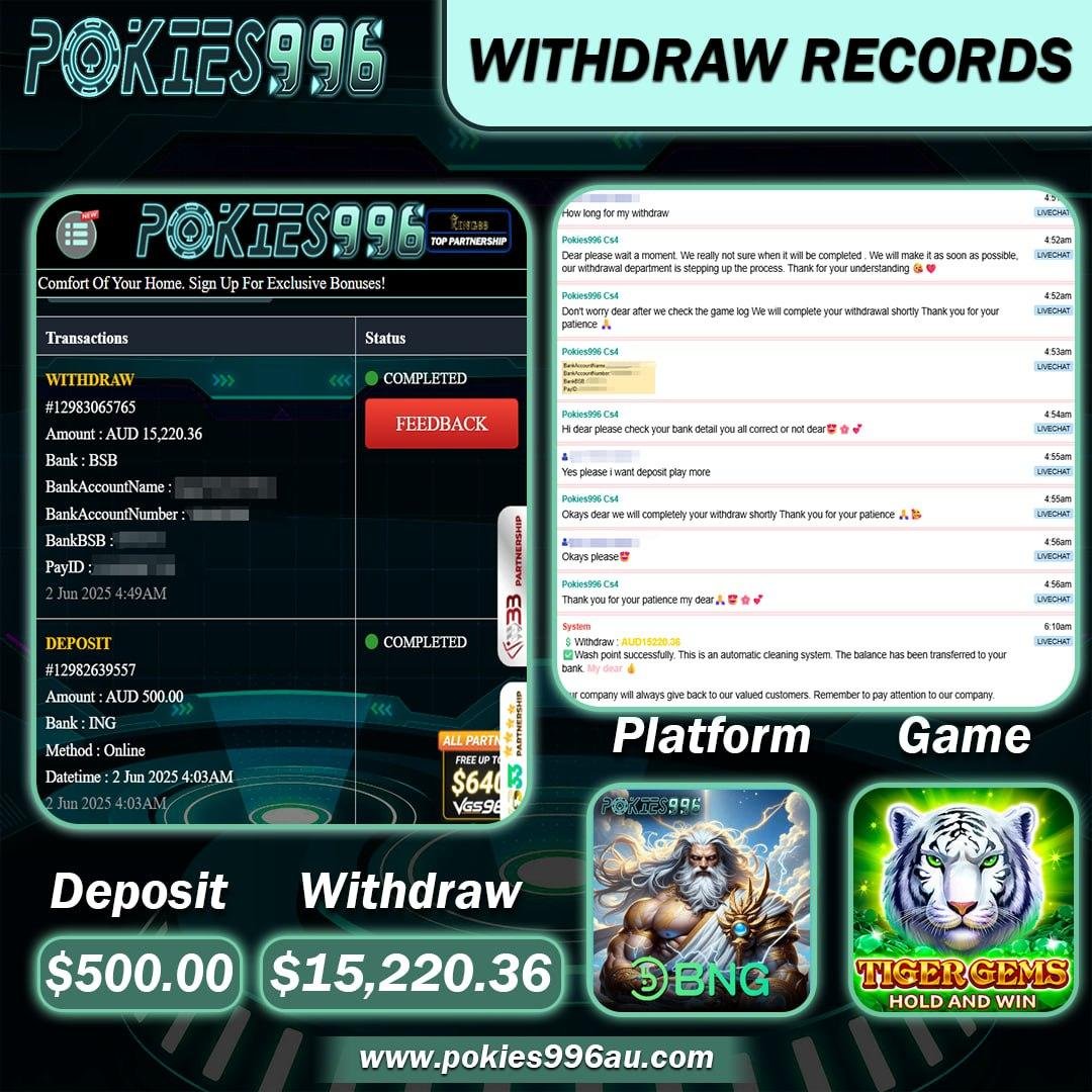 996Pokies's tweet photo. ✨WELCOME TO POKIES996 ✨
Customer Winning Today🎲
✨Platform: BNG💎
✨Game: TIGER GEMS💎
✨DEPOSIT:$ 500.00AUD 💎
✨WITHDRAW:$15,220.36 AUD 💎 https://t.co/VWnYNOSadt