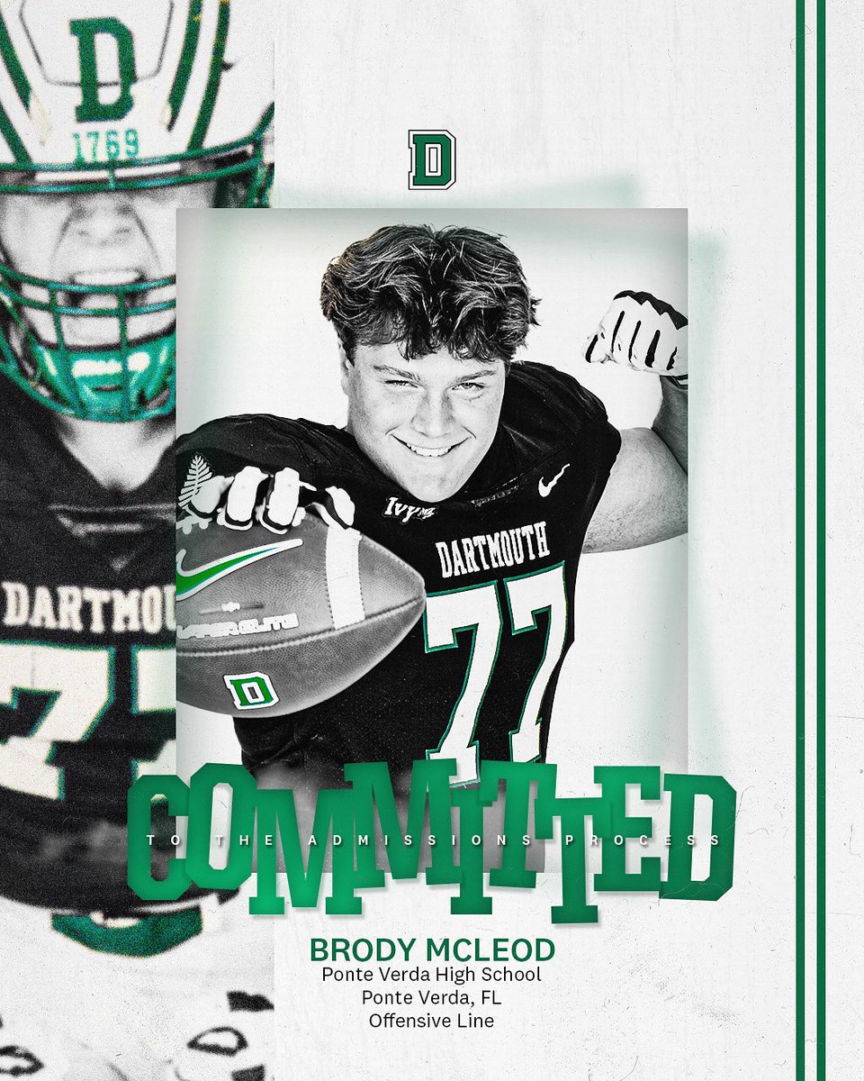 Brody McLeod (@thebrodymcleod) on Twitter photo I am extremely excited to announce that I have committed to Dartmouth for my college football career! Go Big Green! <a href="/Coach_McCorkle/">Sammy McCorkle</a> <a href="/DartmouthFTBL/">Dartmouth Football</a> <a href="/Price13Steve/">Steve Price</a> <a href="/bhernyscoutguy/">Brian Herny</a> <a href="/PVSharksFB/">Ponte Vedra Football</a> <a href="/pv_recruiting/">Pv Elite Recruiting</a> I am extremely excited to announce that I have committed to Dartmouth for my college football career! Go Big Green! <a href="/Coach_McCorkle/">Sammy McCorkle</a> <a href="/DartmouthFTBL/">Dartmouth Football</a> <a href="/Price13Steve/">Steve Price</a> <a href="/bhernyscoutguy/">Brian Herny</a> <a href="/PVSharksFB/">Ponte Vedra Football</a> <a href="/pv_recruiting/">Pv Elite Recruiting</a>