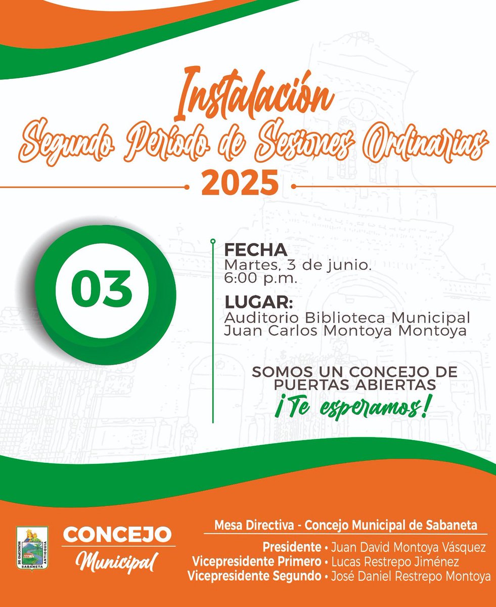 Te invitamos a la instalación del segundo periodo de sesiones ordinarias, un espacio donde trabajamos por el desarrollo de nuestro municipio y el bienestar de todos los sabaneteños.

Tu participación es clave para construir juntos una Sabaneta más cercana y transparente.