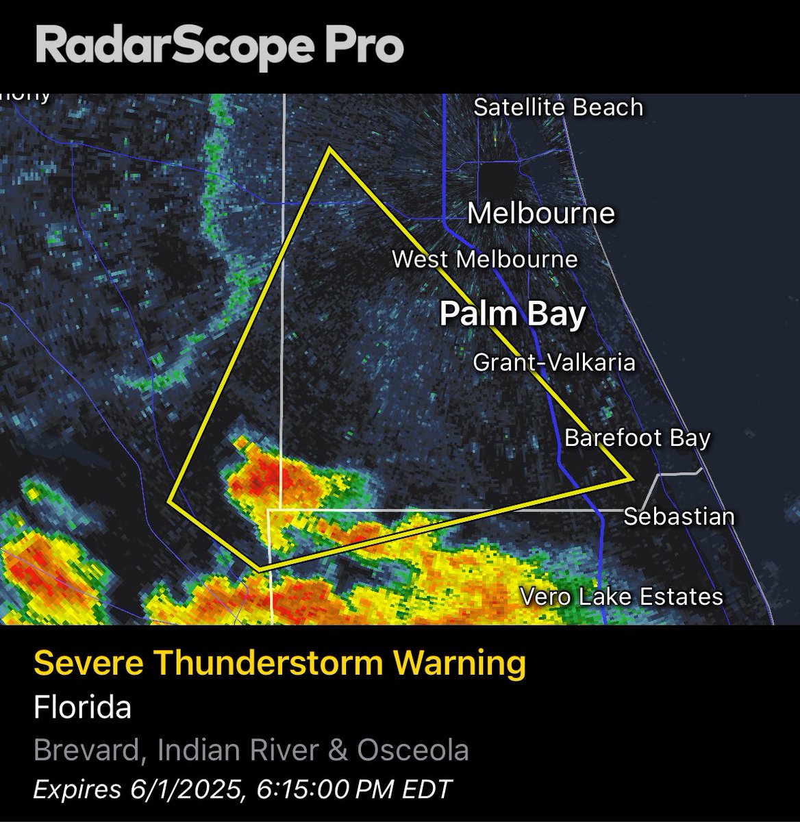 *Severe storm warning for southern Osceola and Brevard Counties Until 615 PM EDT.

* At 524 PM EDT, it was located near Kenansville, moving northeast at 25 mph.

 HAZARD...60 mph wind gusts and quarter size hail.

 SOURCE...Radar indicated.

  IMPACT...Hail &amp; wind damage possible
