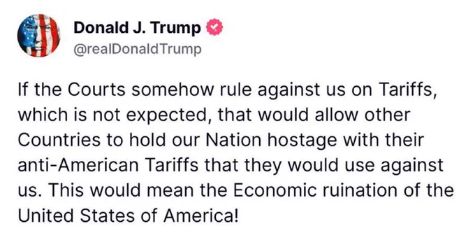 🚨 BREAKING : Trump avverte: "Il Paese sarebbe ostaggio se i tribunali decidessero contro i dazi"