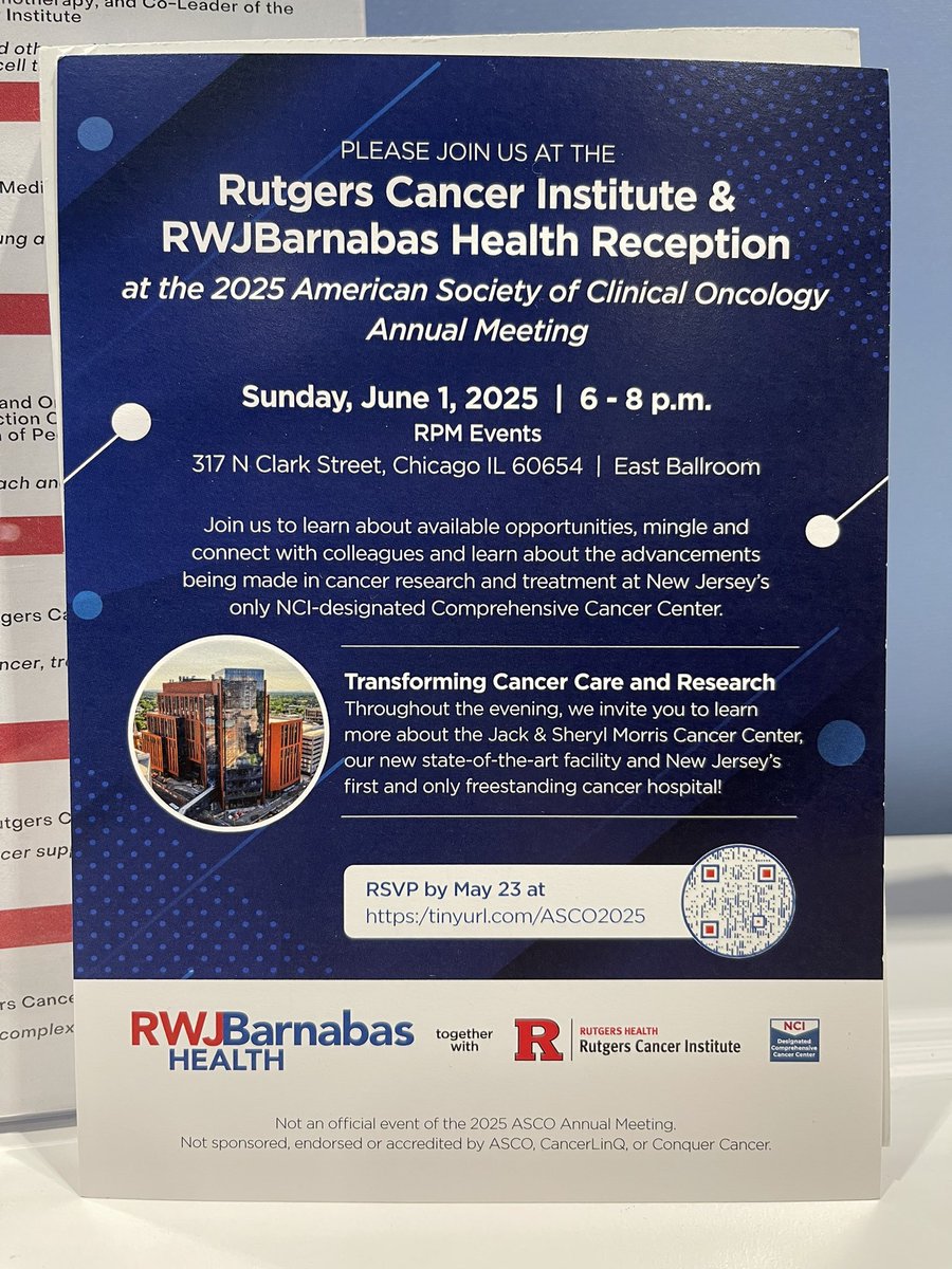 Join us tonight at the <a href="/RutgersCancer/">Rutgers Cancer Institute</a> <a href="/RWJBarnabas/">RWJBarnabas</a> reception to learn about available opportunities, connect with colleagues, and learn about the advancements being made in cancer care and treatment. #ASCO25