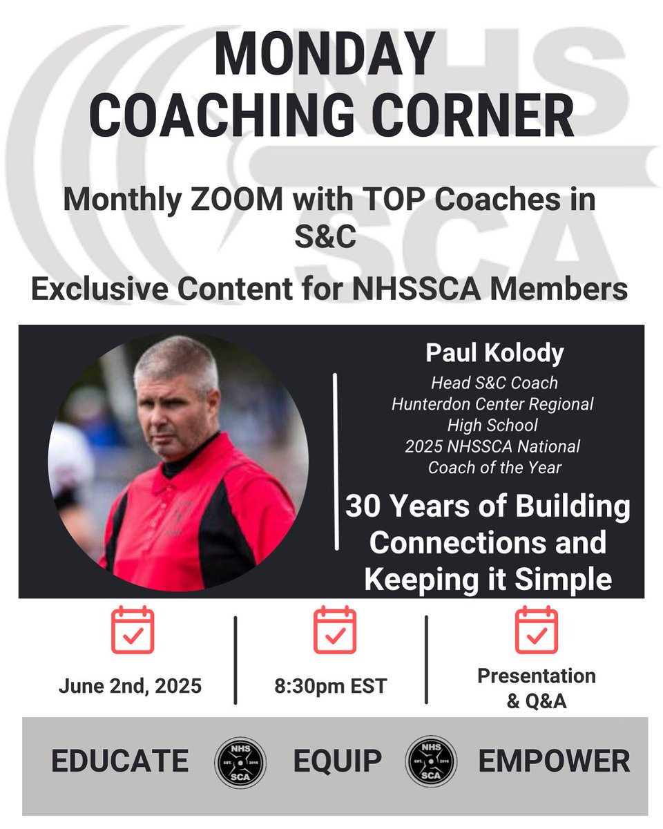NHSSCA (@nhssca) on Twitter photo π¨Monday June 2nd 8:30PM EST π¨
Donβt miss out on the Monday Coaching Corner with <a href="/CoachKolody/">Paul Kolody</a> - 2025 Coach of the Year!
Coach Kolody will discuss keeping things simple and how it has helped him for 30+ years in the field of S&C
For professional members. Not a member - click π¨Monday June 2nd 8:30PM EST π¨
Donβt miss out on the Monday Coaching Corner with <a href="/CoachKolody/">Paul Kolody</a> - 2025 Coach of the Year!
Coach Kolody will discuss keeping things simple and how it has helped him for 30+ years in the field of S&C
For professional members. Not a member - click
