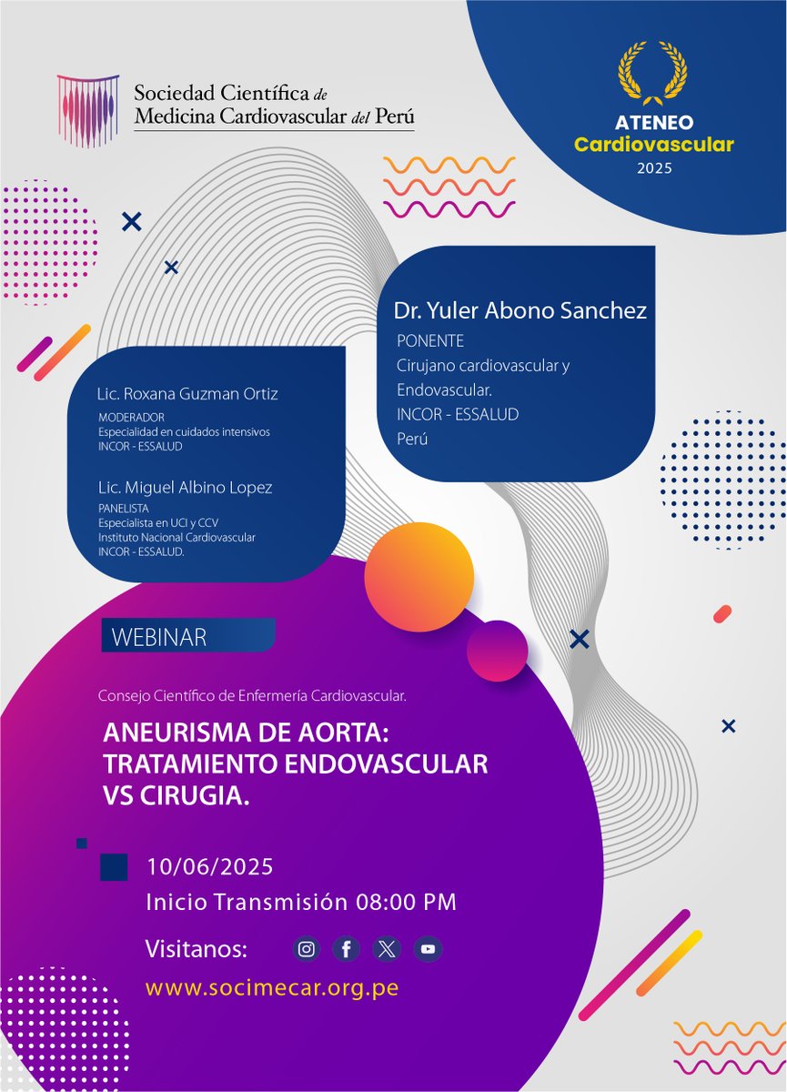 Presentamos nuestro próximo webinar:
"Aneurisma de Aorta: Tratamiento Endovascular vs Cirugía"
🗓️Fecha: Martes 10 de Junio del 2025
🕗Hora: 08:00 pm.
📍Modalidad: Virtual
La transmisión se realizará en nuestros canales de Youtube (youtube.com/@socimecar) y Facebook.