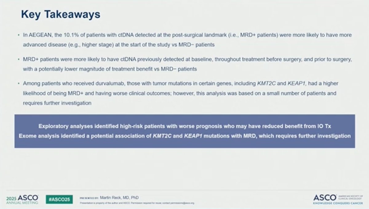 AEGEAN trial outcomes in resectable NSCLC exploratory analyses based on post-Sx MRD status and genomic analysis identified a small high-risk subgroup of pts with markedly worse prognosis 
Very proud to participate in this trial <a href="/Hospital_FJD/">Fundación Jiménez Díaz</a> #IIS-FJD  <a href="/OncoAlert/">OncoAlert</a> #ASCO2025 @AECAP