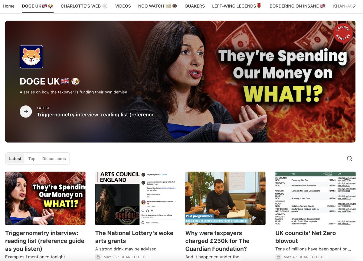 CharlotteCGill's tweet image. My Substack has 248 articles on it about Woke Waste (now DOGE UK) and the deep state.
charlottecgill.co.uk
If you buy a subscription you will get a HUGE amount of info on what's been going on, divided into three major sections:
- DOGE UK🇬🇧🐶: How the taxpayer is funding…