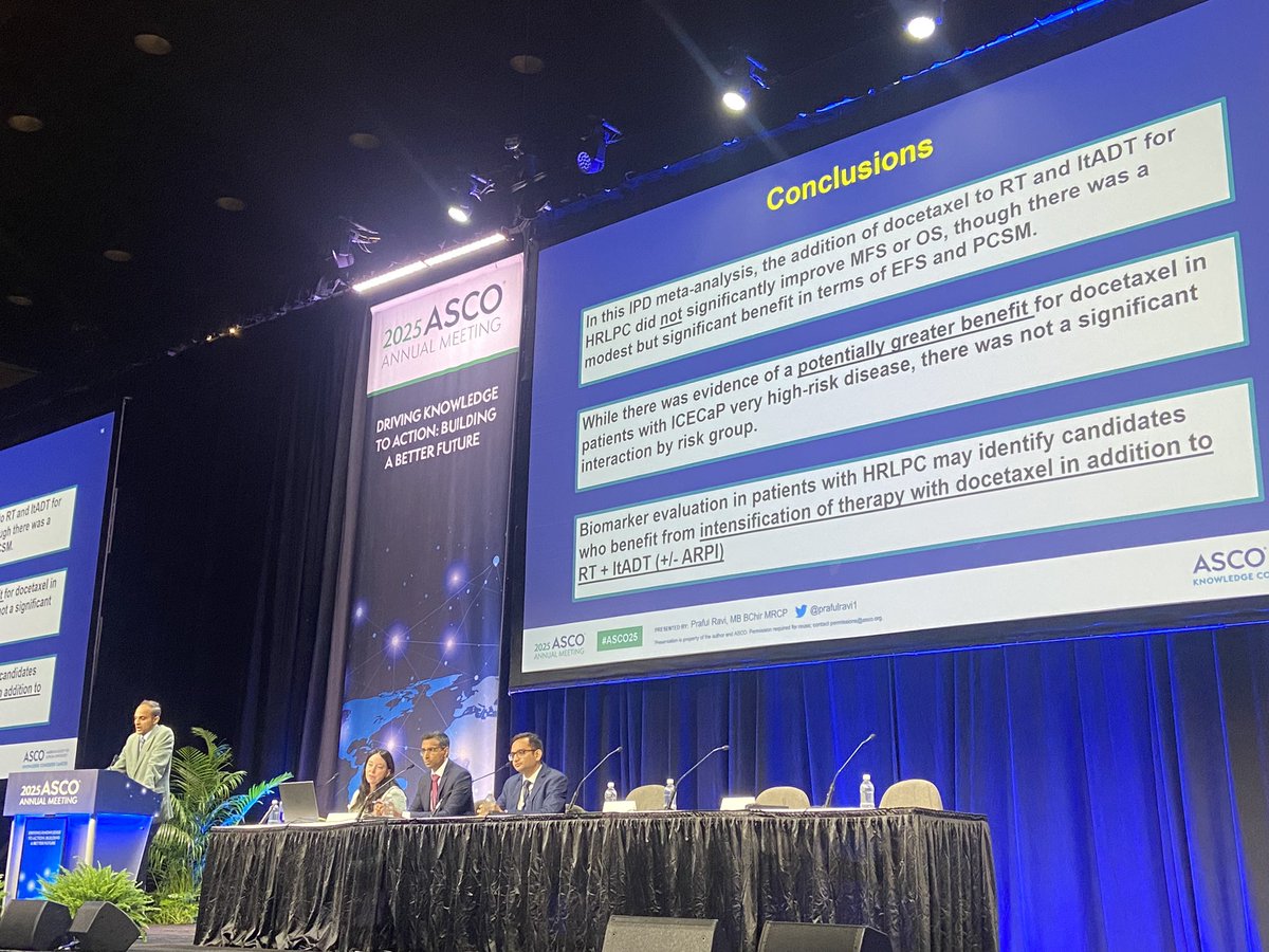 📢 #ASCO25 | Docetaxel + ADT + RT | High-Risk Localized Prostate CA: ICECaP IPD Meta-analysis (n=1,690) of RT + ADT ± docetaxel shows no significant MFS benefit overall (HR 0.89, p=0.16) or OS (HR 0.88, p=0.17), with a trend in very high-risk pts (MFS HR 0.86). Great talk by our
