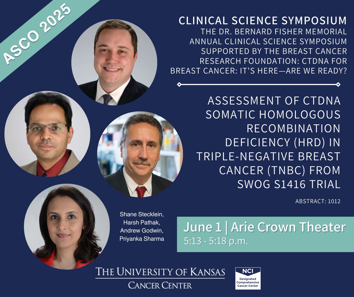 KU Cancer Center (@kucancercenter) on Twitter photo Donât miss the Clinical Science Symposium at #ASCO25, starting at 5 pm in the Arie Crown Theater, where <a href="/shanestecklein/">Shane Stecklein, MD, PhD</a> and the <a href="/KUcancercenter/">KU Cancer Center</a> team is presenting âAssessment of ctDNA somatic homologous recombination deficiency (HRD) in triple-negative breast cancer (TNBC) from Donât miss the Clinical Science Symposium at #ASCO25, starting at 5 pm in the Arie Crown Theater, where <a href="/shanestecklein/">Shane Stecklein, MD, PhD</a> and the <a href="/KUcancercenter/">KU Cancer Center</a> team is presenting âAssessment of ctDNA somatic homologous recombination deficiency (HRD) in triple-negative breast cancer (TNBC) from