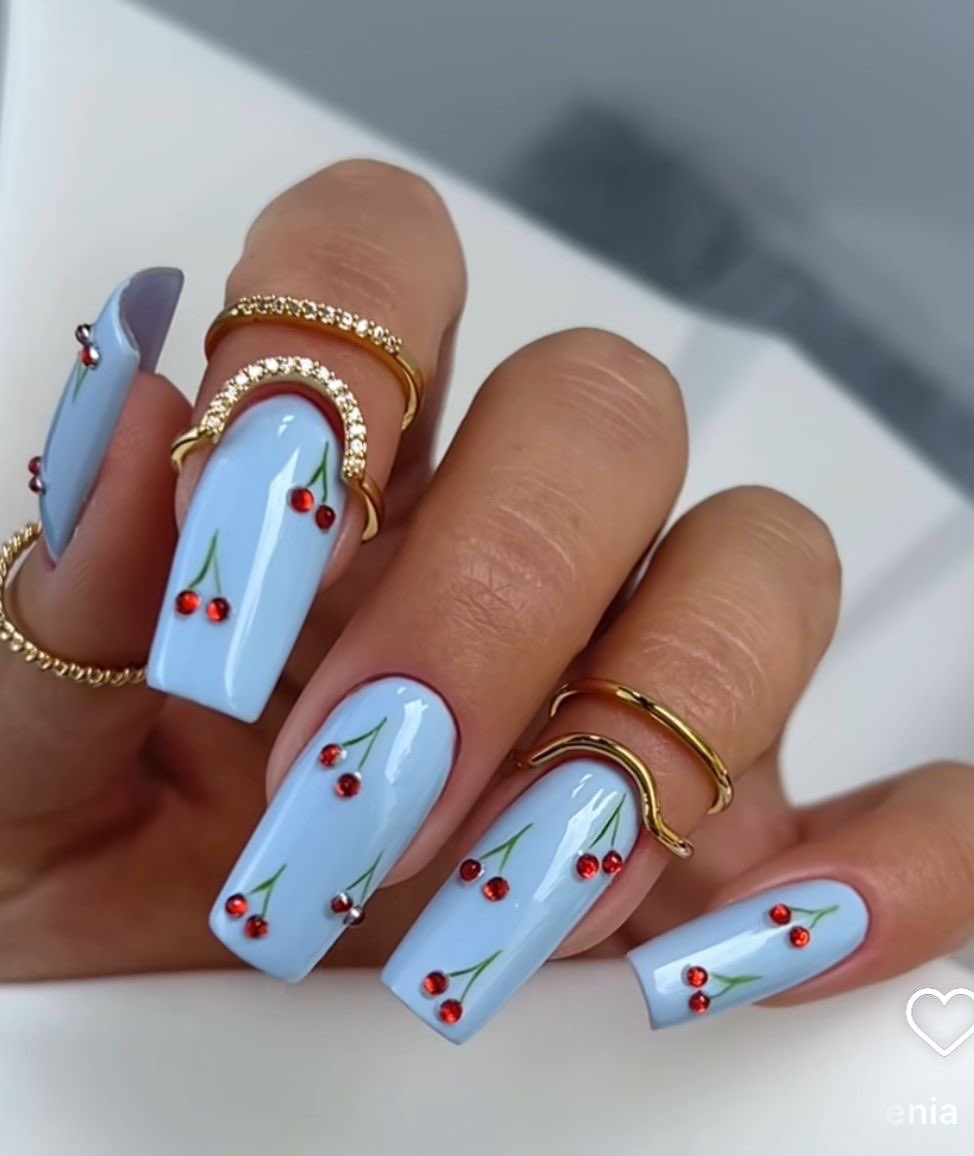 My pretty cherry 🍒 nails 💅🏻 

The result &amp; last photo was my inspo! 

Hehe I love long pretty sub funded nails 😍🩵