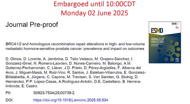 Please come tomorrow to #ASCO2025 poster session to learn 1st hand about our Ab#5094 bit.ly/4kqzTPe Impact of BRCA &amp; HRR alt in pts w/ mHSPC #prostatecancer. You would have the chance to be among the first to access the full publication. Tomorrow➡️full tweetorial