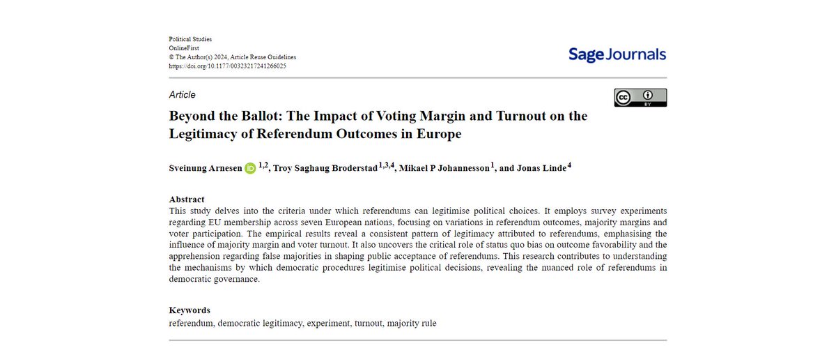 IN NEW ISSUE: Beyond the ballot: Sveinung Arnesen, <a href="/JLBergen/">Jonas Linde</a>, <a href="/TS_Broderstad/">Troy Saghaug Broderstad</a> &amp; <a href="/MikaelPoul/">Mikael P Johannesson</a> examine the impact of turnout, majority size &amp; outcome favorability on perceived ref legitimacy in 7 countries: buff.ly/rJcJpSa (OPEN ACCESS)

<a href="/SAGECQPolitics/">Sage Politics</a> <a href="/PolStudiesAssoc/">Political Studies Association</a>