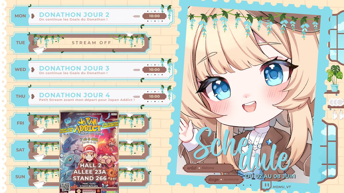 Homu_VT's tweet photo. Coucou Les Chatounes!
Voici le planning du 02 au au 08 Juin !
Semaine chargée car je ferais ma première convention !
Lundi: Goals du Donathon !
Mercredi: Pareil !
Jeudi: Petit live avant la convention !
Samedi & Dimanche: Japan Addict Strasbourg !
#vtuberfr #vtuber #japanaddict https://t.co/8qQ6JNGTrn