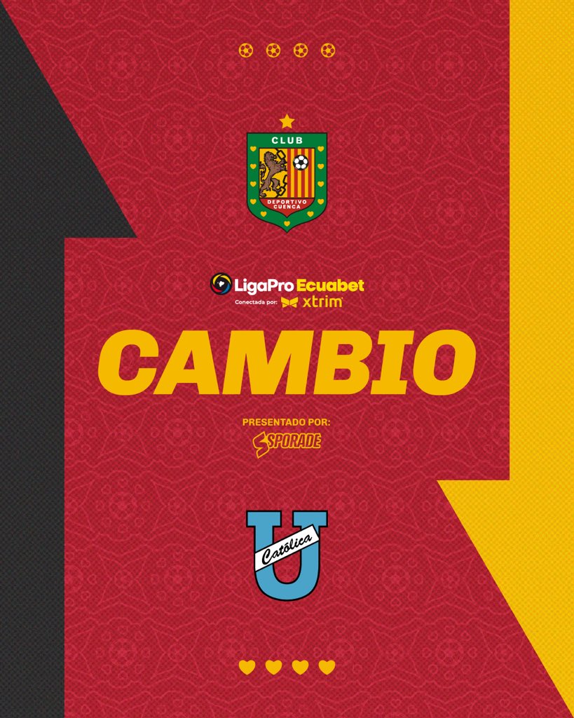 Cambio #Sporade 

🔺Mateo Piedra
🔻Jeremy Chacón 

🔺David Noboa 
🔻Agustín Venezia  

#LigaProEcuabetconectadaporXtrim

#VamosCUENCA 🔴⚫️