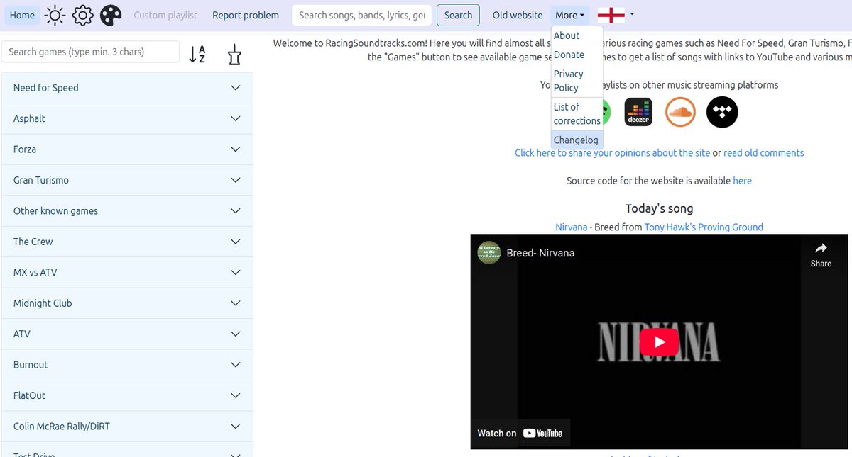 NFSSongs's tweet photo. Updated the main page a bit - by default you get that list of game series on the left side, and the icons for music services are smaller to stop it looking like some scam. The changelog is added - I hope the mobile version is still working fine as I didn't really test it much https://t.co/pMeFcQ8cqI