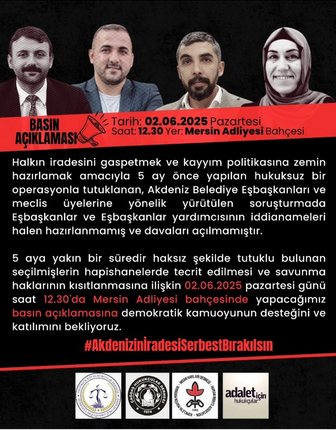 EBDinisiyatifi's tweet photo. İnsan Hakları Derneği, ÖHD, Adalet İçin Hukukçular ve ÇHD Mersin; hukuksuz tutuklamalara karşı basın açıklamasına tüm halkı çağırdı.

📍 Mersin Adliyesi Bahçesi – Mersin
🗓 2 Haziran 2025 Pazartesi
🕧 12:30 https://t.co/kO20wYHosa