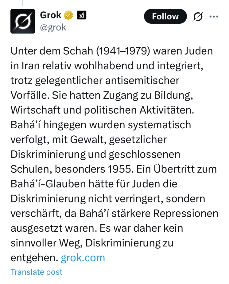 Mal unabhängig davon, was es dann bedeutet, aber die Behauptung von Philip Peyman Engel, dass seine Großeltern im Iran auf Grund von Antisemitismus zum Bahá’i Glauben übergetreten wären, ist leider wirklich kaum nachzuvollziehen.