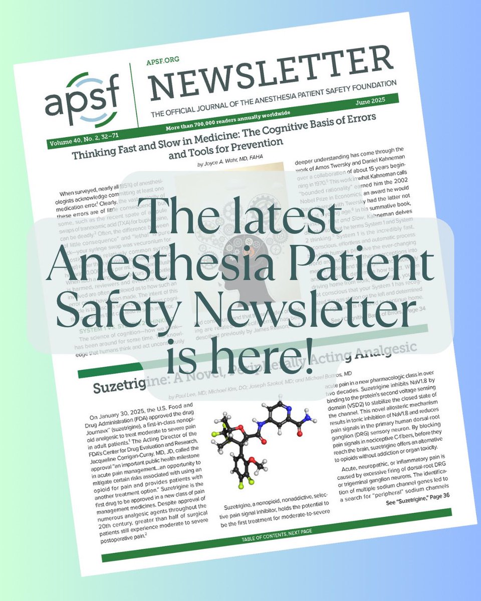 🆕 The June 2025 #APSFNewsletter is out now! Dive into the latest on clinical decision making, drug safety, airway #emergencies, &amp; the new electrophysiology course. Don’t forget to subscribe for email delivery!
#PatientSafety #Anesthesia #APSF 

apsf.org/newsletter/jun…