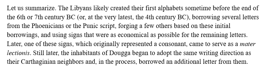 Contrary to earlier claims, it is now evident that the Libyco-Berber script is an indigenous creation despite the clear catalytic role played by the Phoenician script, as seen in many other regions around the Mediterranean. The script emerged between the 7th and 4th centuries BC.