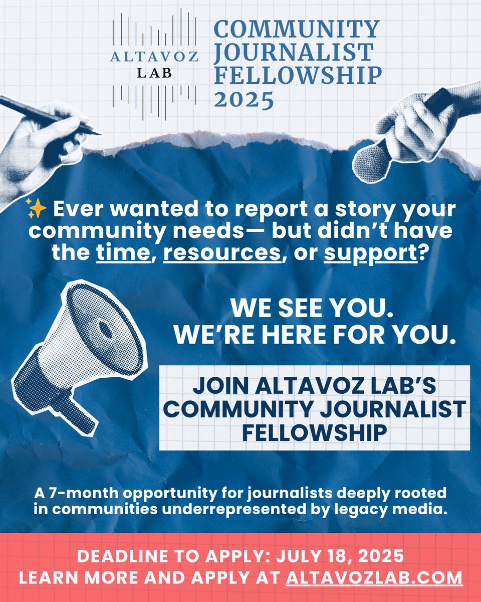 Altavoz_Lab's tweet photo. 🗞️ Got a powerful story your community needs — but not the resources to report it?
🚨 Apply for the 2025 #AltavozLab Fellowship!
💸 Up to $8K for reporting
🎙️ Up to $3K for audience engagement
📅 Deadline approaching!
🔗 https://t.co/GI7nRRA2F5 https://t.co/3XLkUjxwWl
