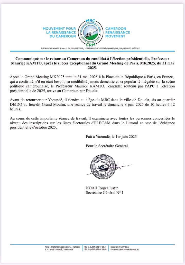 On dit que le Pr Kamto retournera au Cameroun par Douala le  dimanche le 8 juin.

J'ai une théorie 😎
