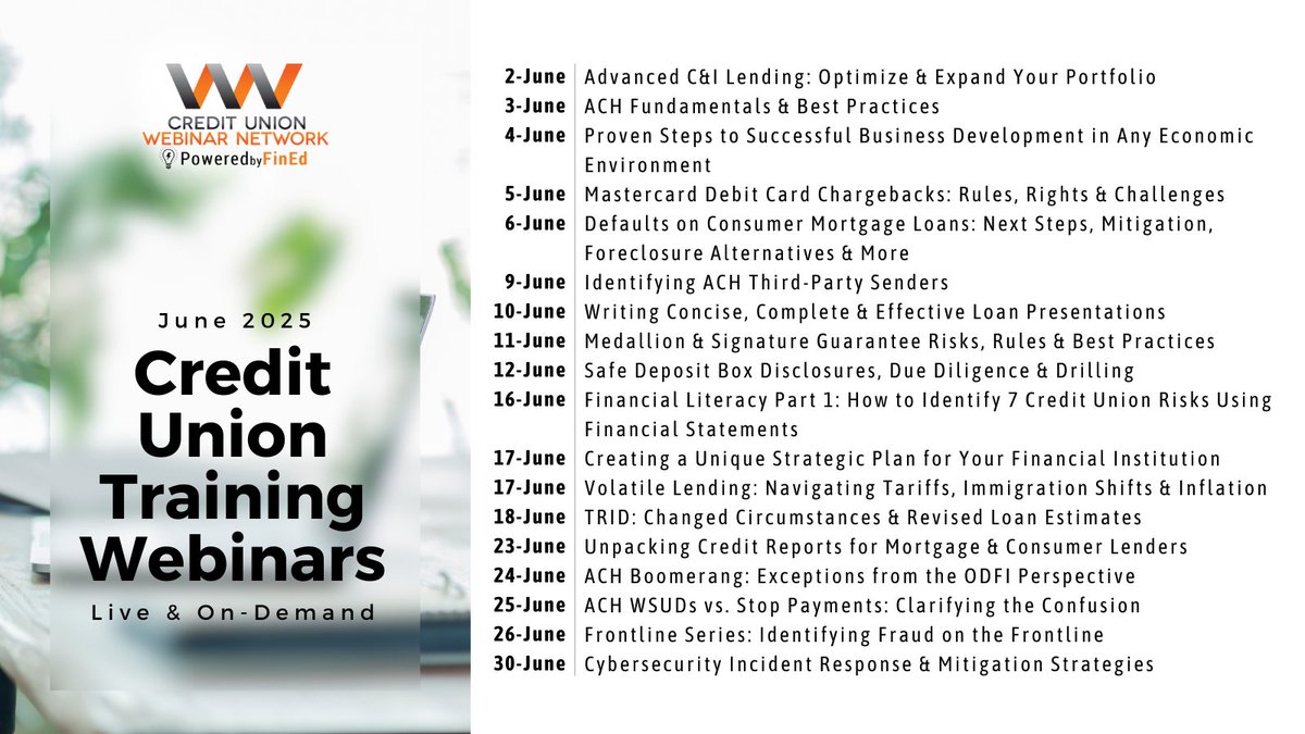 Our June 2025 Credit Union webinar series covers C&amp;I lending, ACH, mortgage defaults, cybersecurity, and more. 
Stay informed and register now. fin-ed.info/3le5kzJ

#CreditUnionWebinars #CUEvents