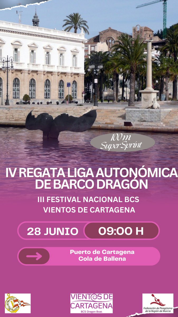 🌊!Prepárate para un día épico en el agua!🌊
Vientos de Cartagena🇩🇰 te invita a vivir la emoción del:
- Super Sprint 100 metros
- IV Regata Liga autonómica de Dragón boat
- III Festival Nacional BCS
Fecha: 28 de junio
Hora: 9:00 h
Lugar: Puerto de Cartagena – Cola de la Ballena