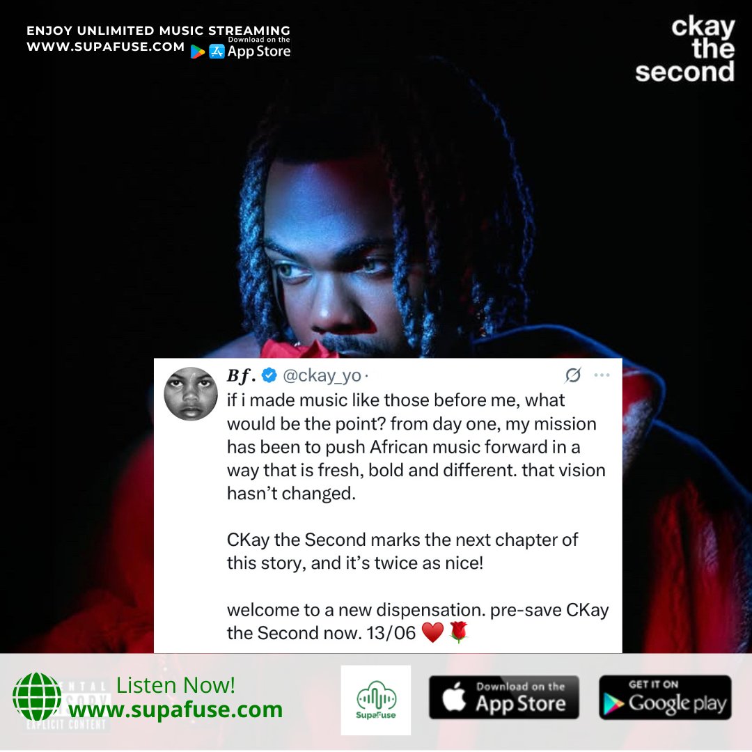 SupaFuseHQ's tweet image. Ckay announce his new ep (Ckay the second) will be out on 13th June.
He added that his music has been fresh and different from day one and it will continue to reflect in his forthcoming projects.
.
#supafuse #ckay #ckayyo #ckaythefirst #africasboyfriend #bf #explore
